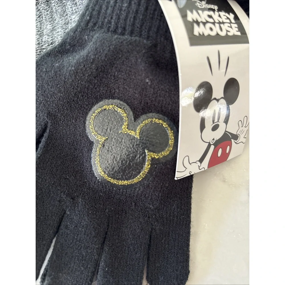 Disney Mickey Beanie & Gloves Set Kids Gray Knit Winter Cuffed Pom Hat Cozy Warm